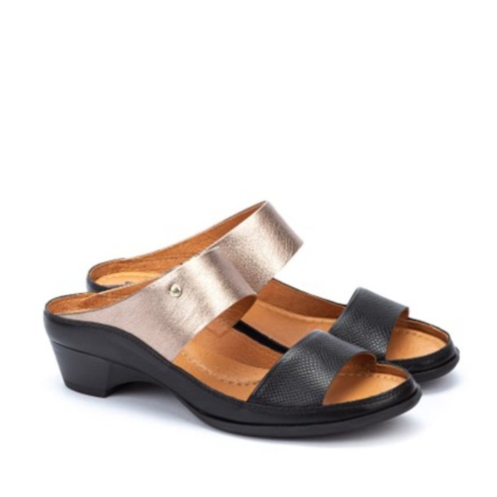 Pikolinos Huelva Sandals Metallic Leather Slip On Heels Black Size 39 US 9 NEW